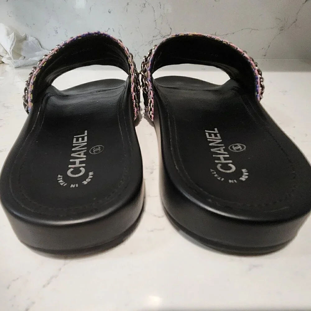 Chanel Leather & Tweed Black Slides, Authentic